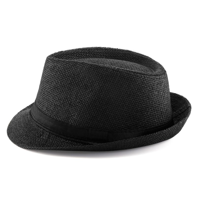 FALETO Unisex Summer Panama Straw Fedora Hat Short Brim Beach Sun Cap Classic (#01 Black) - Image 4